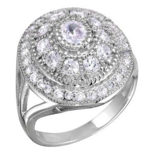 RING RHODIUM PLATED OVAL CZ WATERFALL HALO